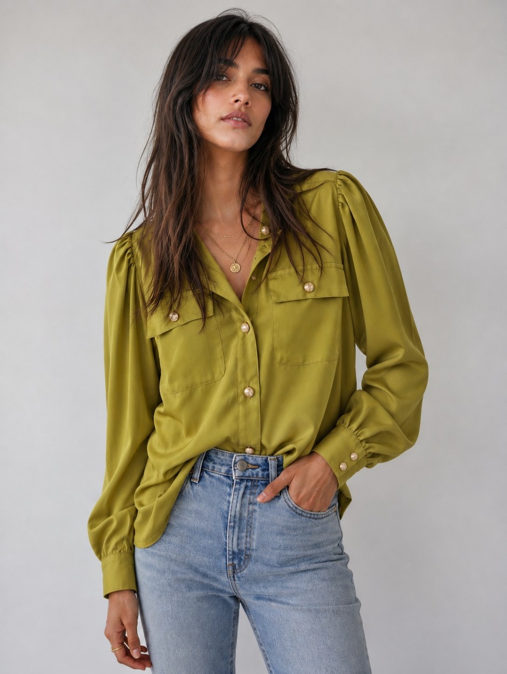 Express Golden Olive Green Button Down Blouse Top With Gold Buttons Size Xs New